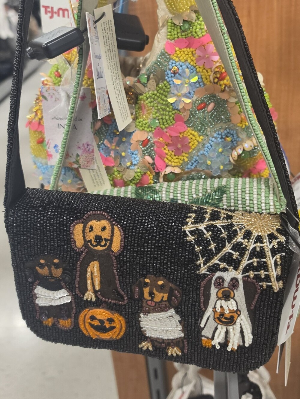 Black Beaded Mini Crossbody with halliween dog! spiderweb and pumpkin on the ba